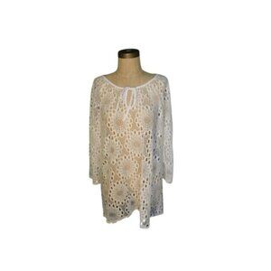 Peck & Peck Size XL White Semi Sheer Eyelet Keyhole Neckline Top